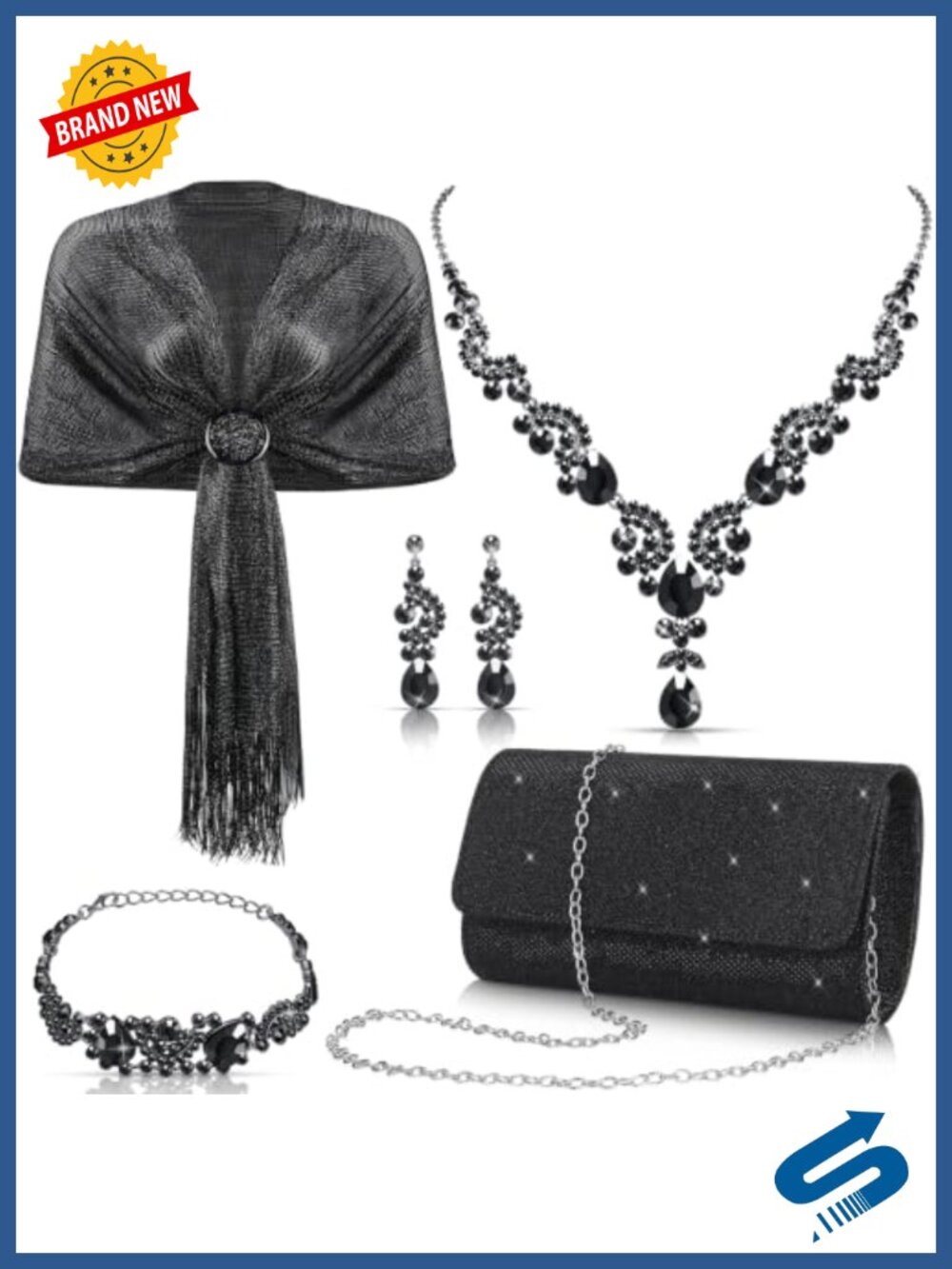 Rhinestone Jewelry Set with Shawl and Clutch Purse for Women Evening